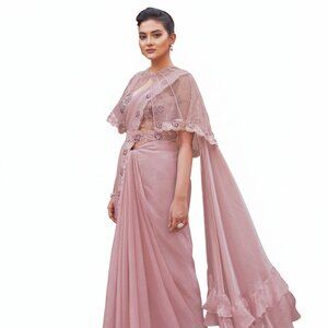 Luxury Designer Satin Silk Pink Saree with Intricate Pearl Handwork